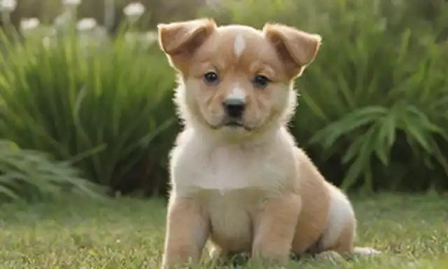 cachorro de 4-6 meses de edad, sentado en césped verde, mirando directamente al espectador, con cola despilfarra y orejas ligeramente curvadas, rodeado de plantas o flores crecientes, representando crecimiento y desarrollo