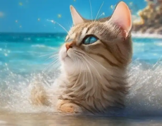   The image should depict a happy, healthy cat enjoying the beauty of the ocean, with its waters sparkling and its sandy shore inviting.