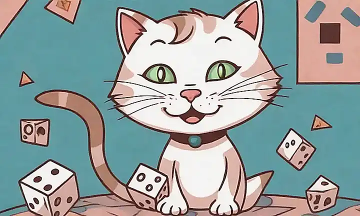 Un gato borroso estiraba en un fondo geométrico y mágico, con dados y una expresión de sueño pero entusiasmo