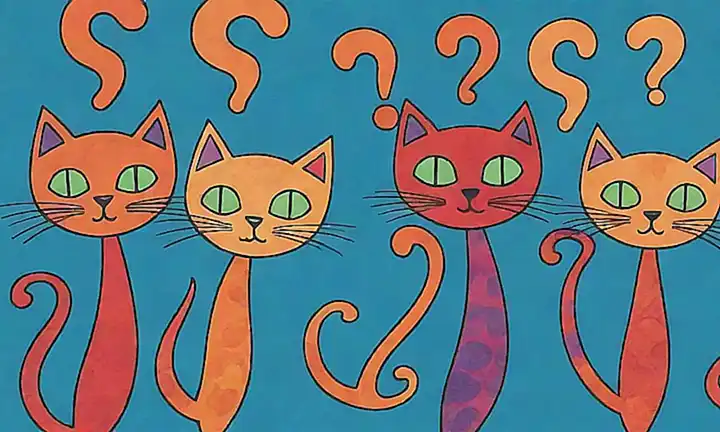 Illustration gráfica de gatos con energía abstracta y una imagen de interrogante
