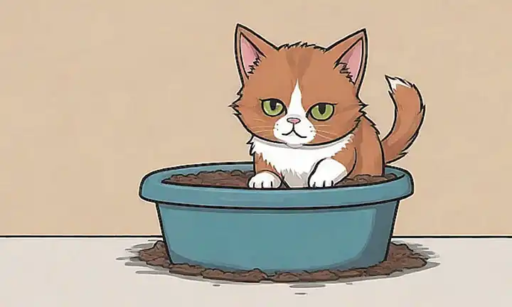 Un gatito peludo orinando fuera de la caja de arena, un adulto frustrado con un gato trabado