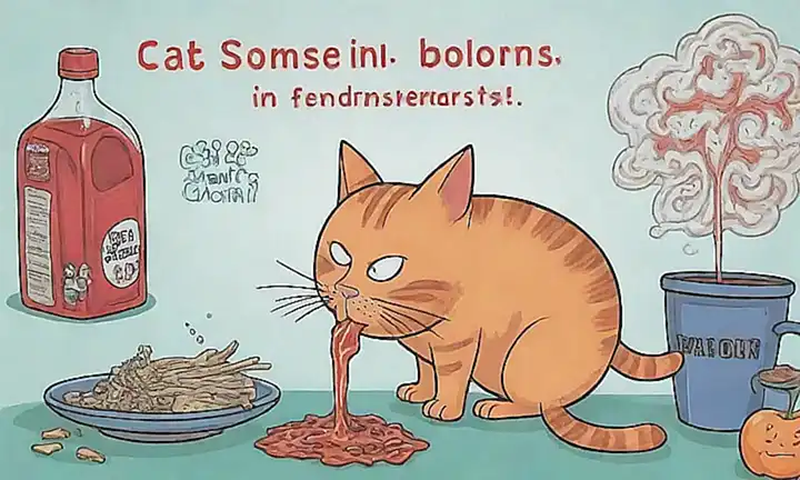 Ilustración de un gato vómito en texto con causas y soluciones para el vómitos por comida entera en gatos