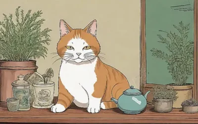 Un gato tomando té hierbas bajo vasijas de farmacia antiguas