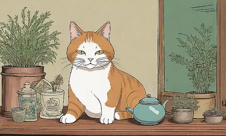 Un gato tomando té hierbas bajo vasijas de farmacia antiguas
