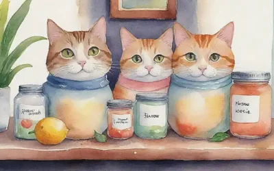 Una ilustración de gatos con remedicos caseros para resfríos en una fuente juguetona