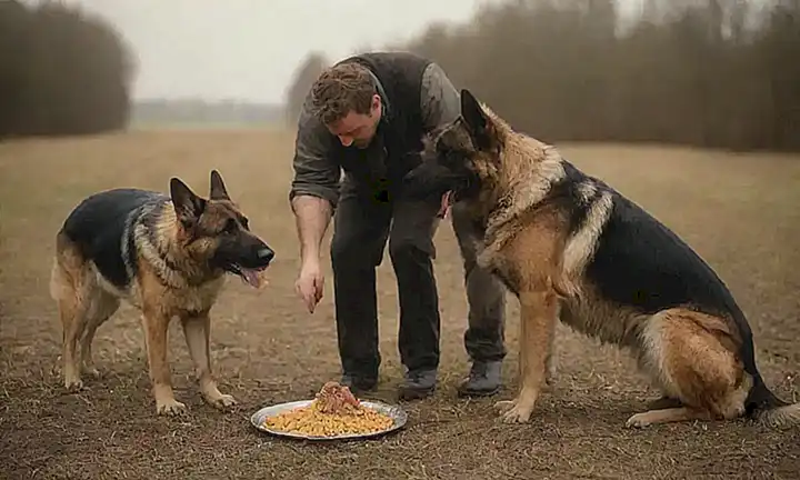 El pastor alimenta a su perro alemán