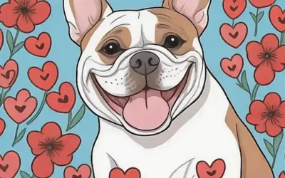 Un bulldog francés feliz con corazones y flores