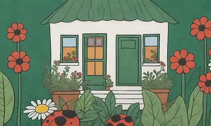 Hay plantas verdes con hojas, flores y quizás hormiga con chingo de una casa.   (There are green plants with leaves, flowers and maybe ladybug in a house.)