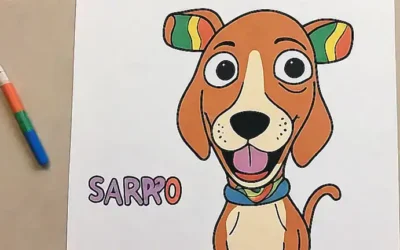 Ilustración de perro multicolor con texto Eliminar Sarro Dental en un fondo blanco.