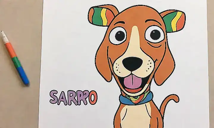 Ilustración de perro multicolor con texto Eliminar Sarro Dental en un fondo blanco.