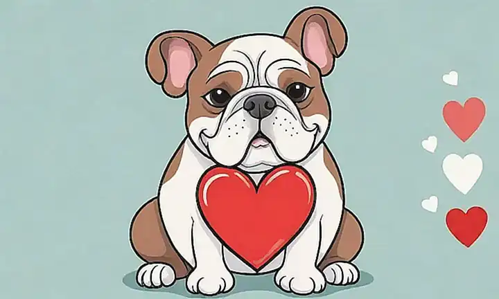 Ilustración de Bulldog con título informativo y lunares redondos