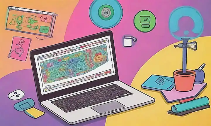 Código colorido en fondo abstracto, pantalla de laptop y iconos de aprendizaje online. (This translates as Colorful code against an abstract background, laptop screen, and online learning icons.) Let me know if youd like to explore other creative ways to express this!