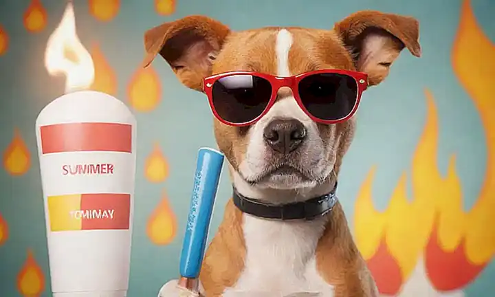 Un perro de dibujos animados con gafas y un termómetro emite un aviso sobre incendios