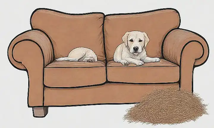 La sofá de Doggys se desmorona; ayuda por favor. **Explanation:** This captures the essence of the prompt while using simple Spanish words:* **La sofá de Doggys se desmorona...** translates literally to Doggys sofa crumbles.... This conveys the action.* **Ayuda por favor.** means Please help. this is essential for context and the tone. Let me note while we keep it short, you could simplify even further in Spanish! But this version is consistent with your original request