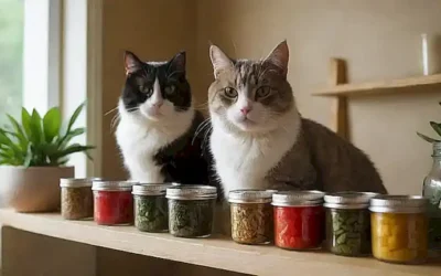 Un gato se encuentra en una estantería con frascos llenos de hierbas