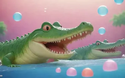 ¡Un dibujo de caricatura con crocodilias y curiosidades juguetonas en forma de burbujas!