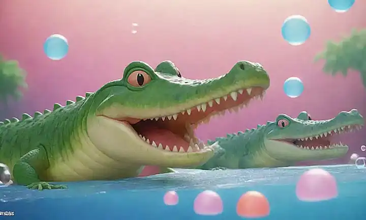 ¡Un dibujo de caricatura con crocodilias y curiosidades juguetonas en forma de burbujas!