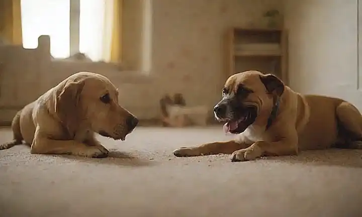 Un fondo con una dulce imagen de perros y dueños felices jugando