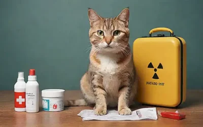 ilustración gráfica de gato con símbolos de advertencia