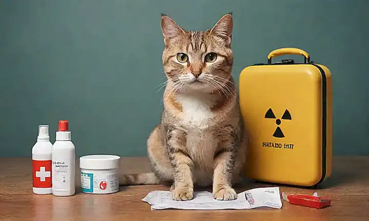 ilustración gráfica de gato con símbolos de advertencia