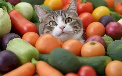 ¡Comida colorida para gatos con dosificación y beneficios ilustrados por imágenes de dibujos animados de gatitos!