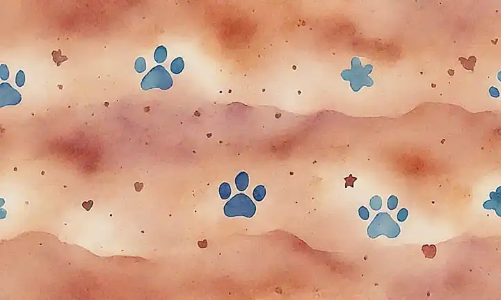 Una ilustración de acuarela de patas saltando sobre un paisaje desértico con corazones y estrellas esparcidos
