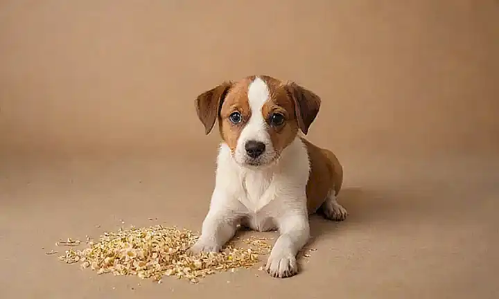Es una ilustración de perro amistoso con fondo marrón suave y hierbas