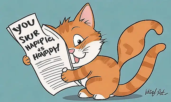 Un gato de jengibre alegre lee un folleto sobre si su gato está feliz