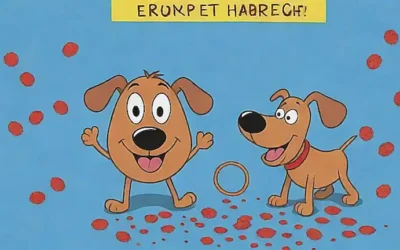 Un perro con fósforos jugando en papel de fondo de verano con huellas de pata y líneas de advertencia