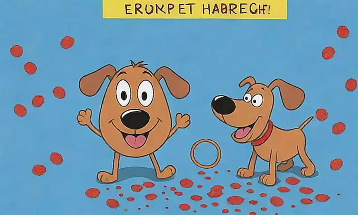 Un perro con fósforos jugando en papel de fondo de verano con huellas de pata y líneas de advertencia