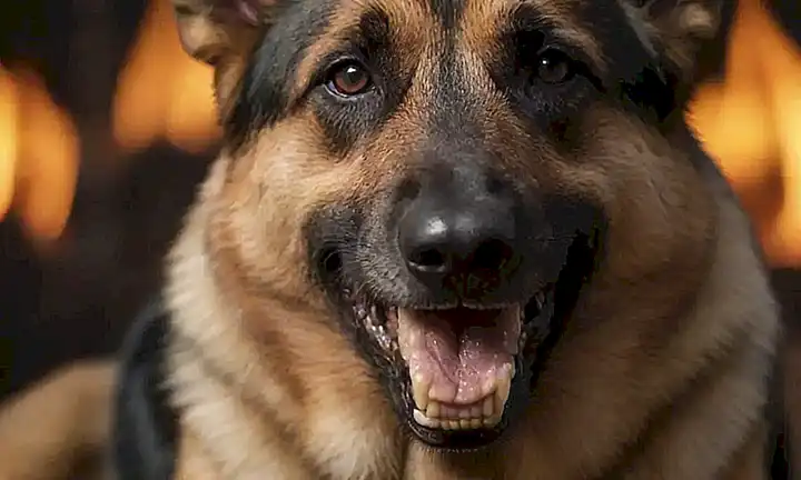 Las muecas de un perro alemán con detalles grabados
