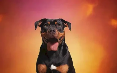 Una ilustración de pitbull y rottweiler en conflicto con interrogantes en un fondo incendiario
