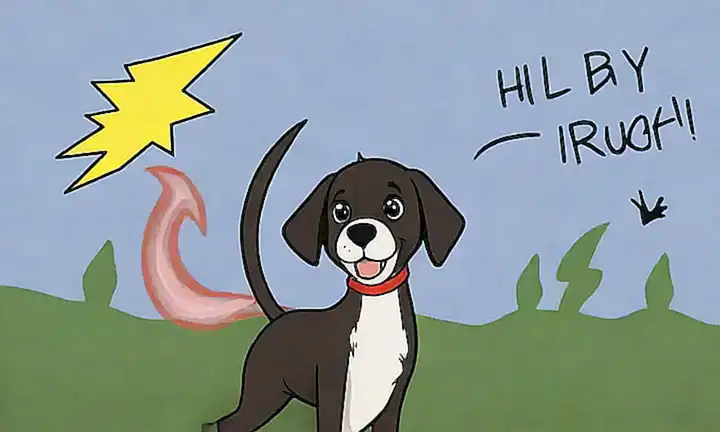 Un perro juguetón, con una leyenda y rayos impactantes
