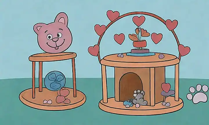 ¡Un menaje de juguete con ruedas giratorias, corazones y huellas de los pies en un fondo tranquilo!