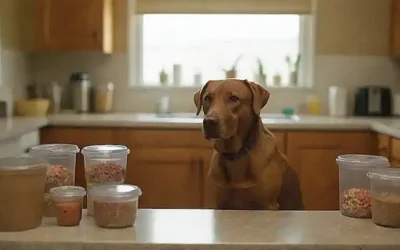 Un perro marrón sobre un mostrador