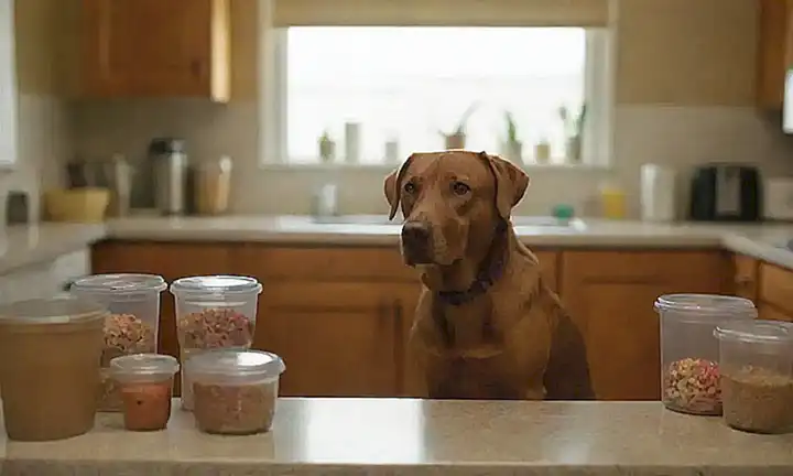 Un perro marrón sobre un mostrador