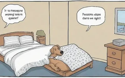 Cachorro gracioso en la cama con el título: 5 Razones por las que mi perro se da la vuelta por la noche