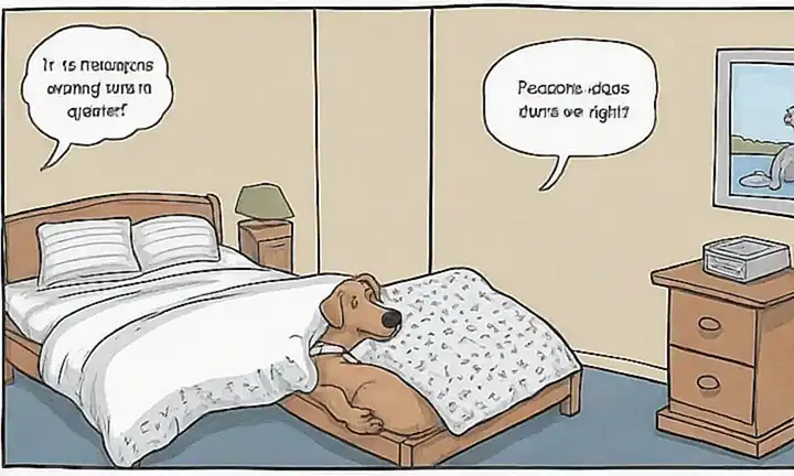 Cachorro gracioso en la cama con el título: 5 Razones por las que mi perro se da la vuelta por la noche