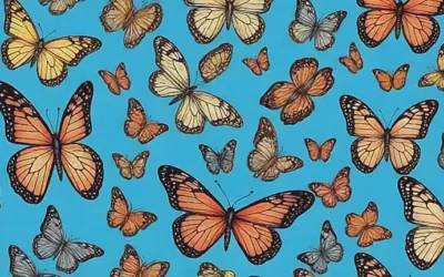 Un papel de pared místico muestra diez curiosidades de mariposas. (A mystic wallpaper shows ten butterfly curiosities.)