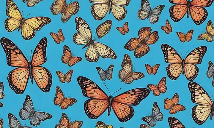 Un papel de pared místico muestra diez curiosidades de mariposas. (A mystic wallpaper shows ten butterfly curiosities.)