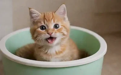 Kittens felices y una caja de basura abierta.  ‍⬛