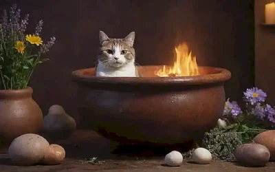 Una ilustración de gato irónica junto a una olla con plantas y especias