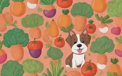 illustrationes de perros con fondo de verduras para perros y guía nutricional.