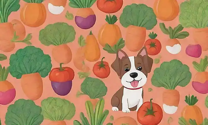 illustrationes de perros con fondo de verduras para perros y guía nutricional.