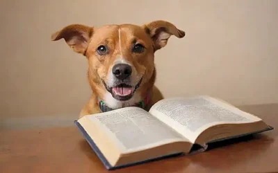 Un perro vibrante emite un ladrido mientras un libro revela el lenguaje canino