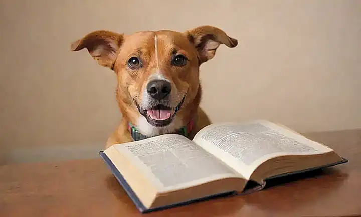 Un perro vibrante emite un ladrido mientras un libro revela el lenguaje canino
