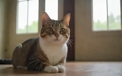 Un gato guía seguro para los dueños de mascotas al explorar una casa
