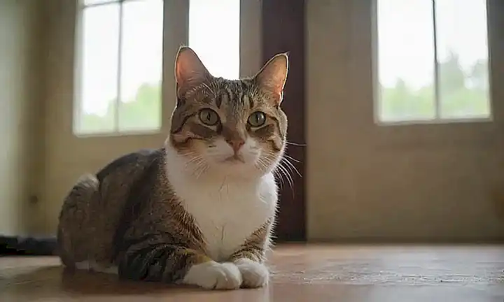 Un gato guía seguro para los dueños de mascotas al explorar una casa