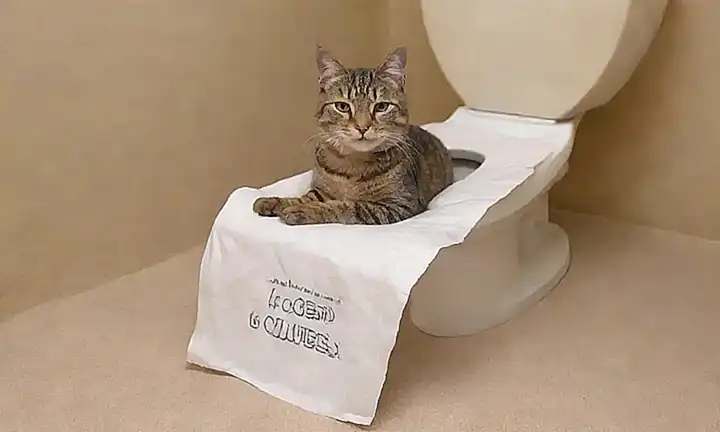 Un gato juguetón con papel higiénico, causando accidentes al exterior de la caja del baño