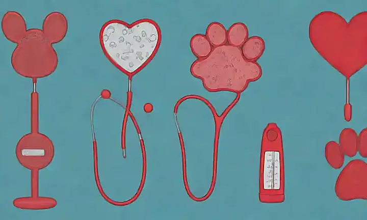 Imagen con un bisturí, huellas de perro, termómetros de fiebre roja y fondo de silueta canina